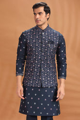 Navy Blue Silk Jacket Kurta Pajama Set with Embroidery